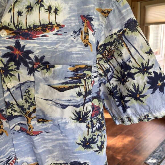 H&M Hawaiian Print Blue Shirt Men M Surfer Luau Bro Vacation White Lotus Cruise - Picture 5 of 6